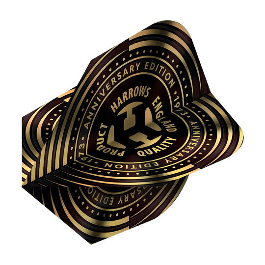 Harrows Anniversary No6 Flights Das Bild zeigt die "Harrows Anniversary No6 Flights" mit einem goldenen und schwarzen Jubiläumsdesign. In der Mitte steht "Harrows England Quality" umgeben von den Worten "Anniversary Edition 1973".