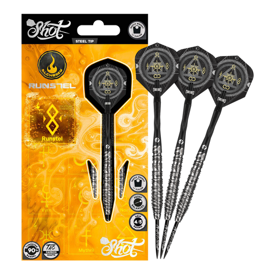 Shot Alchemy Runstel Steel Darts Hier wird das Modell Shot Alchemy Runstel Steeldarts dargestellt. Die Steeldarts sind komplett und aus der Nähe abgebildet.