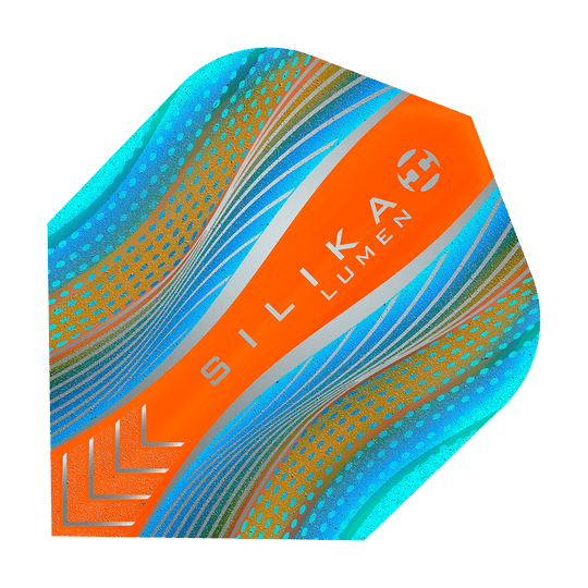 HF5126_Harrows_Silikia_Lumen_Cyan_Orange_No6_Flights_1 Das Bild zeigt ein Dartflight mit dem Namen "Harrows Silika Lumen Cyan Orange No6". Das Flight ist in auffälligen Farben gestaltet, hauptsächlich in Orange, Cyan und Blau mit modernen Mustern.