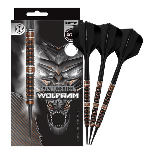 Das Bild zeigt die Harrows Wolfram Trinity Softdarts in voller Ansicht. Die Softdarts sind hochwertig verarbeitet.