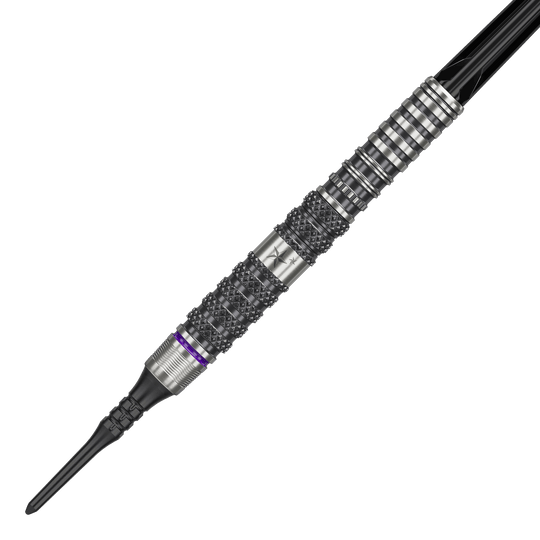 Target Japan Yuta Hayashi Sirius GEN3 Soft Darts - 19g Das Bild zeigt den Target Japan Yuta Hayashi Sirius GEN3 Softdart mit einem Gewicht von 19g. Der Dart hat ein silbernes, strukturiertes Barrel mit schwarzen und lilafarbenen Akzenten.
