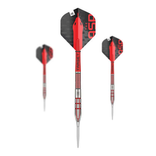Target Nathan Aspinall GEN2 Swiss Point steel darts Das Bild zeigt drei hochwertige Steeldarts mit silbernen und roten Akzenten. Die Flights sind schwarz und rot gestaltet und tragen die Aufschrift "THE ASP."