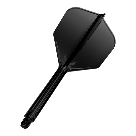 Target K-Flex No6 Flight System - Black Das Bild zeigt einen schwarzen Dartflight mit Schaft. Der Hintergrund ist komplett schwarz, sodass der Dartflight im Mittelpunkt steht.