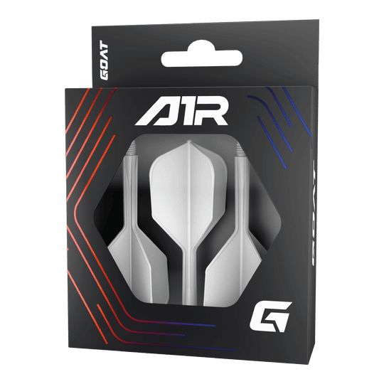 GOAT A1R No6 Flight Shaft System - White Die Abbildung zeigt das Produkt „GOAT A1R No6 Flight-Shaft-System - Weiß“ in einer schwarzen Verpackung mit Sichtfenster. In der Verpackung sind drei weiße Dart-Flights mit Schäften zu sehen.