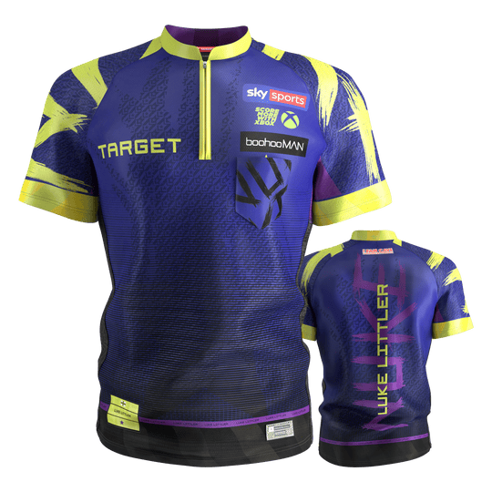 Target Luke Littler dart shirt 2026 Das Bild zeigt das Target Luke Littler Dartshirt 2026. Die Kleidung wurde speziell für Dartsport entworfen.
