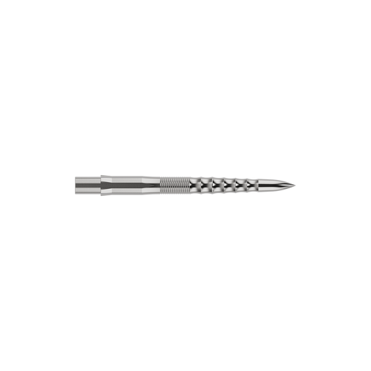 Mission Caliburn EVO dart tips - Ripple - Silver Auf dem Bild ist eine silberne Steeldartspitze mit feinen Rillen und einem speziellen Riffel-Design zu sehen. Sie ist lang und schmal und wirkt sehr präzise verarbeitet.