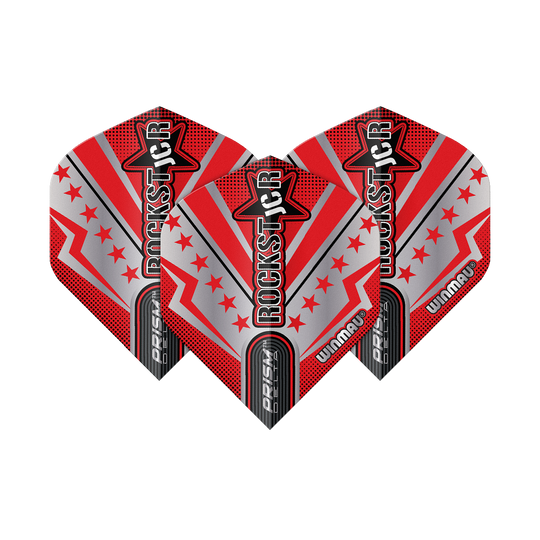 Winmau Prism Delta Joe Cullen Rockstar Series No2 Standard Flights Das Bild zeigt drei Dart-Flights der Serie "Winmau Prism Delta Joe Cullen Rockstar No2". Die Flights sind in rot, silber und schwarz gestaltet und tragen die Aufschrift "ROCKSTAR".