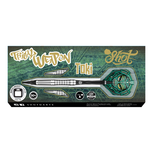 Shot Tribal Weapon Toki soft darts Das Bild zeigt die Verpackung der "Shot Tribal Weapon Toki Softdarts". Auf der Verpackung sind ein silberner Dartpfeil mit grünem Flight und verschiedene Beschriftungen abgebildet.