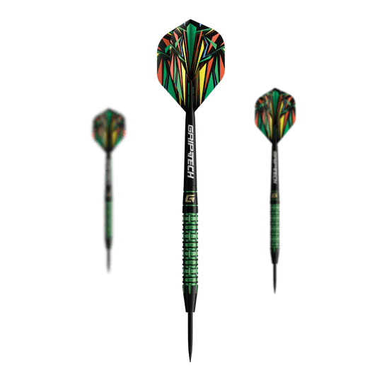Dieses Bild zeigt die GOAT Athlete Green Tungsten Steeldarts. Auf dem Foto ist die grüne Variante der Steeldarts zu sehen.