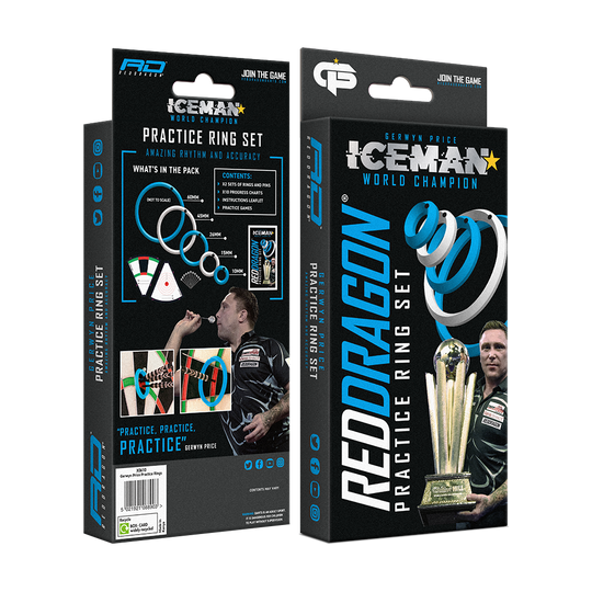Auf dem Bild ist das Produkt „Red Dragon Gerwyn Price Practice Rings“ zu sehen. Die Verpackung zeigt blaue Übungsringe und ein Bild von Gerwyn Price mit einem Pokal.