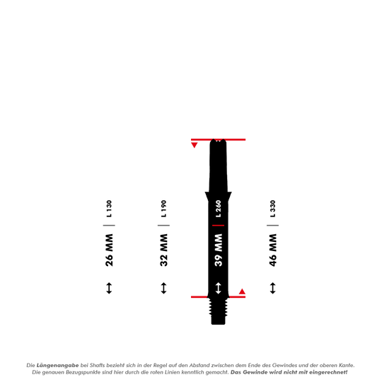 L-L-Style-Shafts Silent Straight - Black Das Bild zeigt verschiedene Längen von geraden Dartshafts, die in Millimetern angegeben sind. Die L-Shaft mit einer Länge von 39 mm ist in der Mitte hervorgehoben dargestellt.