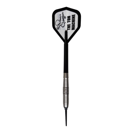 McKicks Alam Glazier Shark Machine Soft Darts Auf dem Bild ist ein McKicks Alam Glazier Shark Machine Softdart zu sehen. Der Dartpfeil hat eine silberne Metallspitze und einen Flight mit der Aufschrift "THE TON MACHINE".