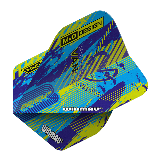 Winmau Delta Michael Van Gerwen Prism 04 Standard Flights Das Bild zeigt die Winmau Delta Michael Van Gerwen Prism 04 Standard Flights. Das Design ist bunt mit blauen, gelben und violetten Akzenten sowie dem Schriftzug „MvG DESIGN“ und „Winmau“.