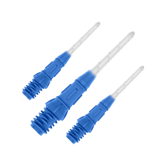 L-Style Premium Two Tone Lippoints (Pack of 30) Das Bild zeigt drei blaue und weiße Dartspitzen, die nebeneinander liegen. Die Spitzen haben ein zweifarbiges Design mit dunklem Blau am unteren Teil und Weiß am oberen Teil.