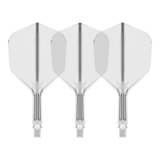 Target K-Flex No6 Flight System - Clear Auf dem Bild sind drei durchsichtige Dartflights mit integriertem Schaft zu sehen. Sie stehen nebeneinander vor schwarzem Hintergrund.