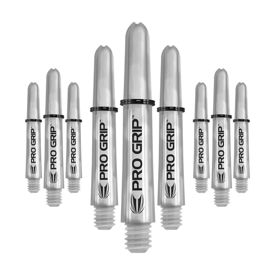 Target Pro Grip Shafts - 3 Sets - Transparent Das Bild zeigt neun transparente Dartschäfte mit der Aufschrift "Pro Grip". Sie sind in drei Reihen angeordnet, wobei die mittleren Schäfte am größten sind.