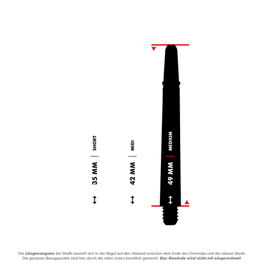 _Harrows_Carbon_360_Shafts_5_49mmUqhft62JxO5gA Das Bild zeigt drei unterschiedlich lange Dartschäfte mit den Längen 35 mm (Short), 42 mm (Midi) und 49 mm (Medium). Die Längen werden durch rote Markierungen an den Schäften hervorgehoben.