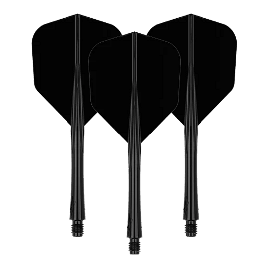 Das Bild zeigt drei schwarze Dart-Flights mit Schäften. Sie sind in einer aufrechten Position nebeneinander angeordnet.