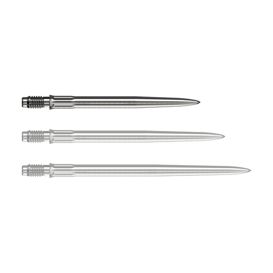 Mission R2.5 Rapid Point SM1 Dart Tips - Silver Eine silberne Dartspitze liegt vor weißem Hintergrund. Die Spitze ist eine Mission R25 Rapid Point SM1 mit einer Länge von 30mm.