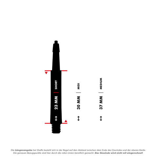 HRC12619_Harrows_Clic_Standard_Shafts_5_23mm Das Bild zeigt die Harrows Clic Standard Shafts in Schwarz in verschiedenen Längen. Die Abbildung vergleicht die Größen Short (23 mm), Midi (30 mm) und Medium (37 mm).