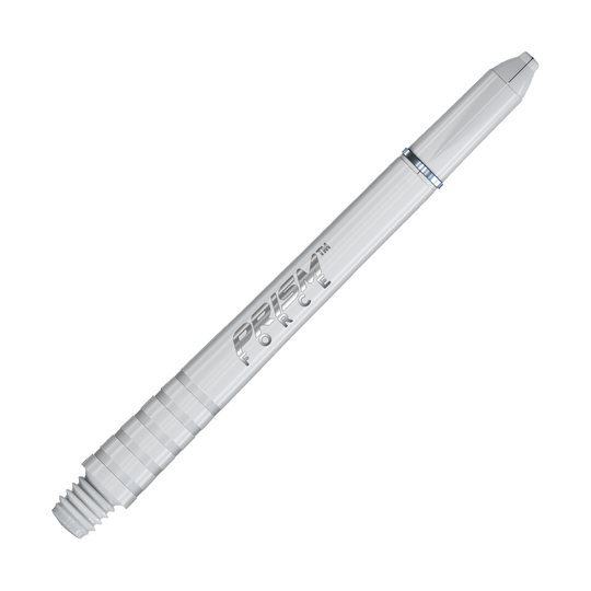 7020-202_Winmau_Prism_Force_Shafts_Weiss_48mm_2 Das Bild zeigt einen weißen Prism Force Dartschaft von Winmau. Auf dem Schaft steht der Schriftzug "PRISM FORCE".