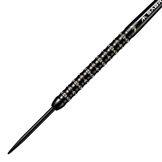 Das Bild zeigt den Mission Mike De Decker MDD Black Gold Steeldart. Der Dartpfeil ist überwiegend schwarz mit goldenen Akzenten und hat ein strukturiertes Griffdesign.