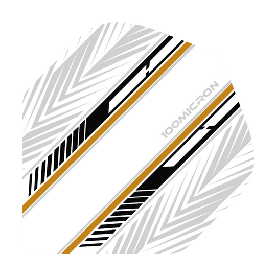 Pentathlon Flights white/black/gold Das Bild zeigt das Produkt "Pentathlon White Black Gold No2 Standard Flights". Das Flight ist überwiegend weiß mit schwarzen, goldenen und grauen Mustern sowie der Aufschrift "100 MICRON".