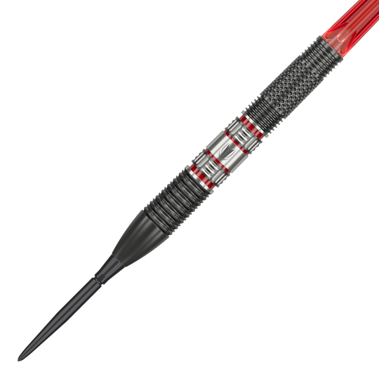 Das Bild zeigt einen Target Gabriel Clemens 95K Swiss Point Steeldart. Der Dart hat ein modernes Design mit schwarzen, silbernen und roten Akzenten.