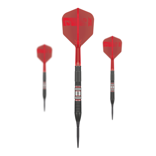 Target Gabriel Clemens 95K Swiss Point Steel Darts Das Bild zeigt drei Steeldarts des Modells „Target Gabriel Clemens 95K Swiss Point“. Die Darts haben schwarze Spitzen, schwarze Griffbereiche und rote Flights.