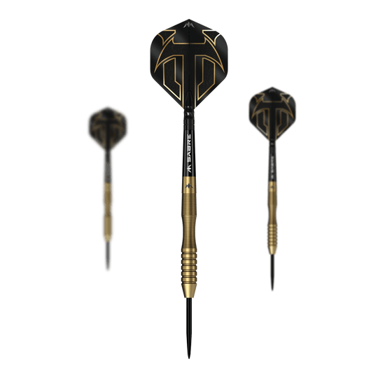 Mission Viktor Tingstrom Gold Steel Darts - 22g Mission Viktor Tingstrom Gold Steeldarts - 22g als Set dargestellt. Das Foto zeigt das komplette Set der Steeldarts.