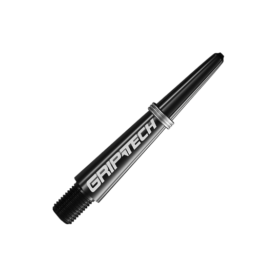 GOAT Griptech Shafts - Black Das Bild zeigt einen schwarzen Dart-Schaft mit der Aufschrift "GRIPTECH". Der Schaft wirkt robust und hat metallische Akzente.