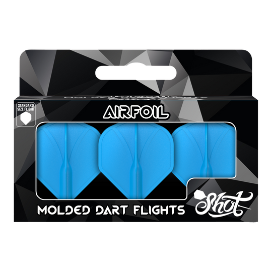 Shot Airfoil Molded No2 Standard Flights Das Bild zeigt eine Packung mit drei blauen, geformten Dart-Flights der Marke Shot. Auf der Verpackung steht "Airfoil" und "Molded Dart Flights".