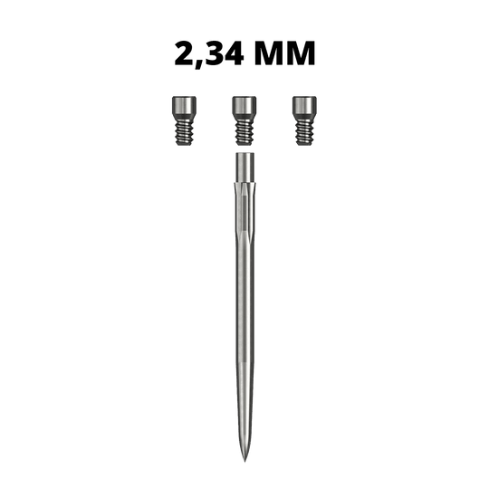 Caliburn System Spigots Ein silbernes Caliburn Evo System Steeldartspitze Spigot mit einer Länge von 23,4 mm ist abgebildet. Die Dartspitze liegt auf weißem Hintergrund.