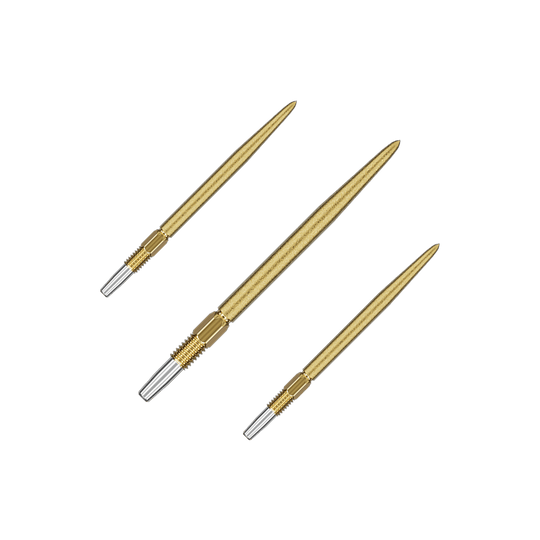 Target Swiss Point SLK dart tips - gold Das Bild zeigt drei goldfarbene Dartspitzen, die nebeneinander liegen. Die Spitzen haben ein schlankes, glänzendes Design mit silbernen Enden.