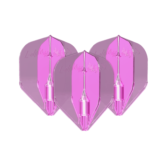 L-Style Fantom L3EZ Flights Clear Pink Das Bild zeigt drei klare, pinke Dartflights des Modells "L-Style Fantom L3EZ". Die Flights sind transparent und haben eine leuchtend pinke Farbe.
