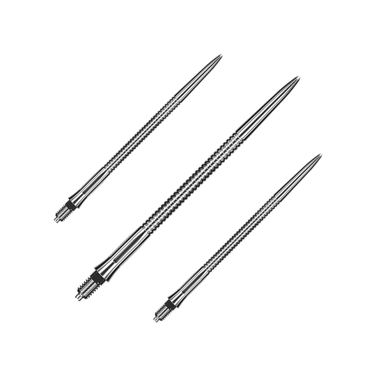 Caliburn EZ-EVO dart tips - Grooved - Silver Dieses Bild zeigt ein Set silberner Dartspitzen mit Rillen. Die Spitzen haben eine Länge von etwa 45mm.