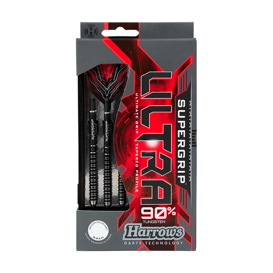 HA25176_Harrows_Supergrip_Ultra_Steeldarts_3_-4_Harrows_Plastikbox Die Abbildung zeigt eine Packung Harrows Supergrip Ultra Steeldarts. Die Verpackung ist schwarz-rot gestaltet und hebt die 90% Tungsten-Darts hervor.