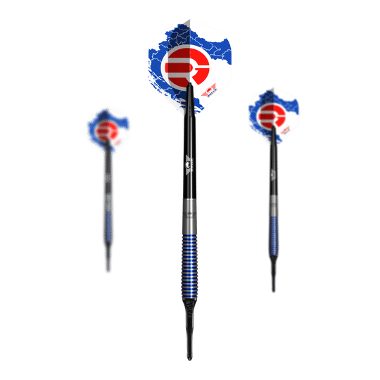 Bulls NL Romeo Grbavac soft darts - 19g Das Bild zeigt drei Softdarts des Modells "Bulls NL Romeo Grbavac 19g". Die Darts haben blaue und silberne Griffe sowie Flights mit einem blau-weißen Muster und rotem Logo.