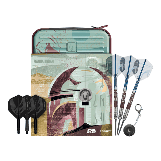 Target Star Wars Mandalorian 95 Swiss Point Steel Darts Abgebildet sind Target Star Wars Mandalorian 95 Swiss Point Steeldarts. Diese Darts haben ein einzigartiges Mandalorian-Design.