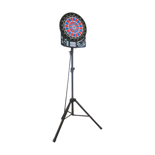 67909_Bulls_Vibex_H_Dartboard_St-nder_1 Das Bild zeigt den Bulls Vibex H Dartboard Ständer mit einem elektronischen Dartboard darauf. Der Ständer steht auf drei stabilen Beinen und kann in der Höhe verstellt werden.