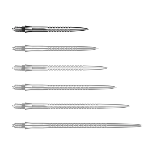 Caliburn EZ-EVO dart tips - Grooved - Silver Das Bild zeigt eine silberne Dartspitze mit Rillen. Die Dartspitze ist 28 mm lang.