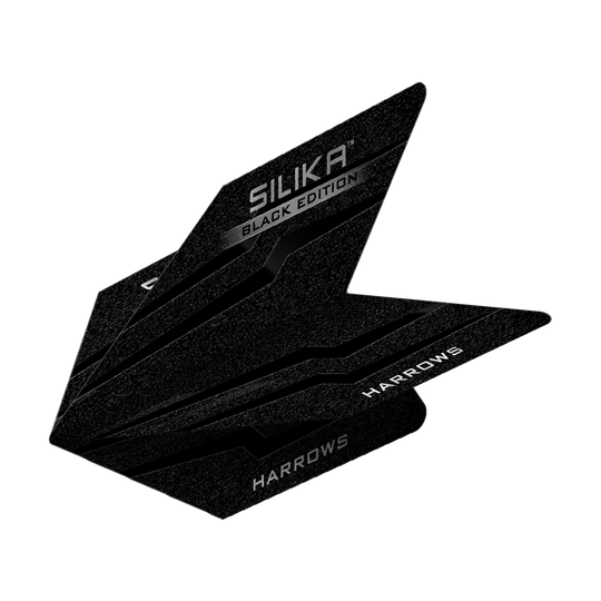 Das Bild zeigt die Harrows Silika Black-Edition Velos Flights. Die Flights sind schwarz mit silbernen Schriftzügen und haben ein modernes, eckiges Design.
