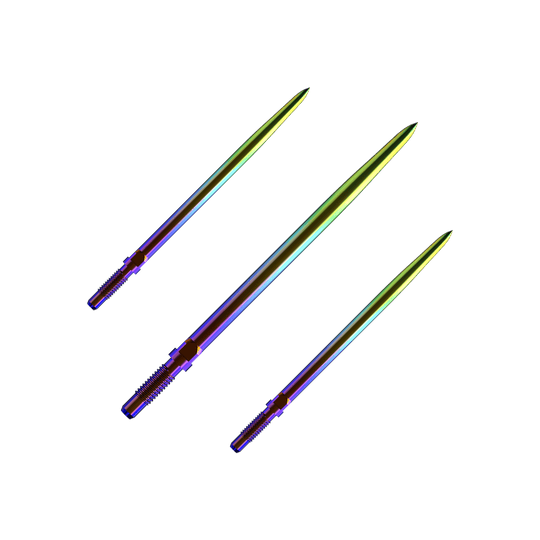 Ein Bild mit dem Dateinamen BU57716_BullsNL_Convertible_Points_Smooth_Rainbow_36mm_1Set. Es zeigt wahrscheinlich ein Set von Dartspitzen in Regenbogenfarben.