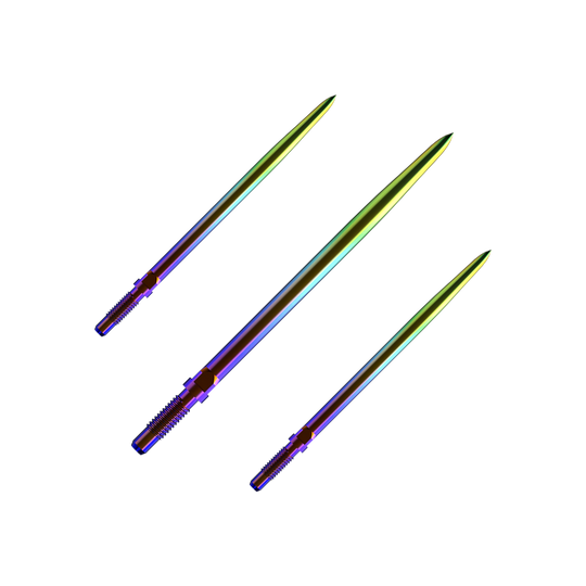 Bulls NL Convertible Point Dart Tips - Smooth - Rainbow Ein Bild mit dem Dateinamen BU57716_BullsNL_Convertible_Points_Smooth_Rainbow_36mm_1Set. Es zeigt wahrscheinlich ein Set von Dartspitzen in Regenbogenfarben.