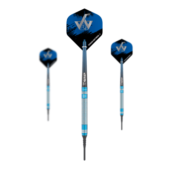 Das Bild zeigt die Bulls Jermaine Wattimena Generation 3 Softdarts mit einem Gewicht von 20g. Die Darts haben ein blau-silbernes Design mit schwarzen und blauen Flights.