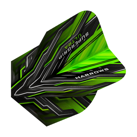 HR11_Harrows_Supergrip_Ultra_Green_Standard_Flights_2 Harrows Supergrip Ultra Green Standard Flights im modernen Stil. Die Flights liegen als Gruppe aus.