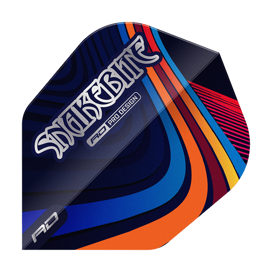 Red Dragon Peter Wright Snakebite Multi Swirl No6 Flights Das Bild zeigt ein Dart-Flight mit dem Aufdruck "Snakebite" und farbenfrohen, geschwungenen Linien. Das Design ist modern und hebt sich durch seine bunten Muster hervor.