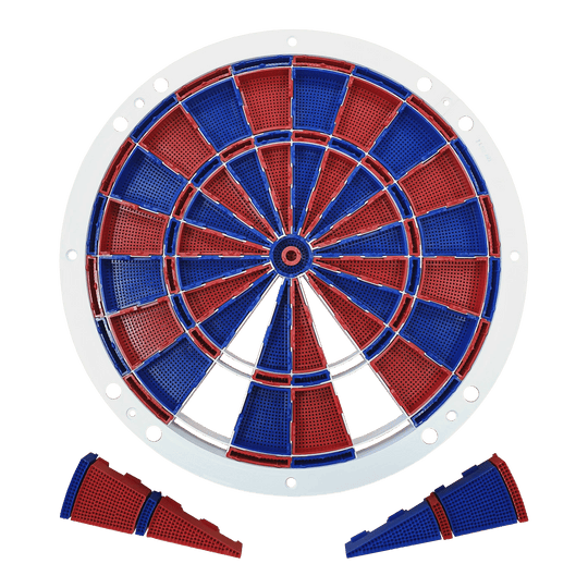 Löwen Dart spare parts 82 segment and spider set Auf dem Bild ist ein Ersatzteil-Set für eine elektronische Dartscheibe zu sehen. Die Segmente sind abwechselnd rot und blau gefärbt und werden von einem weißen Rahmen gehalten.