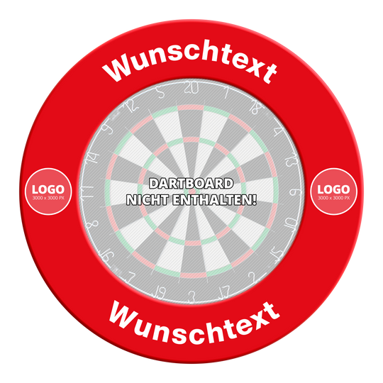 Surround with desired pressure Hier ist eine Dartboard-Surround mit Wunschdruck in roter Farbe zu sehen. Die Datei heißt "MC-2012_Dartboard_Surround_mit_Wunschdruck_Rot_TextLogo_1".