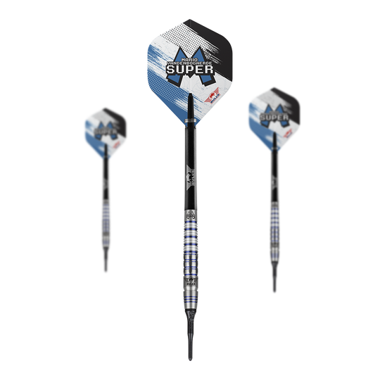 Bulls NL Mario Vandenbogaerde 90% soft darts - 20g Auf dem Bild sind drei Softdarts des Modells "Bulls NL Mario Vandenbogaerde 90% Softdarts - 20g" zu sehen. Die Darts haben silberne und blaue Akzente mit dem Namen des Spielers auf den Flights.